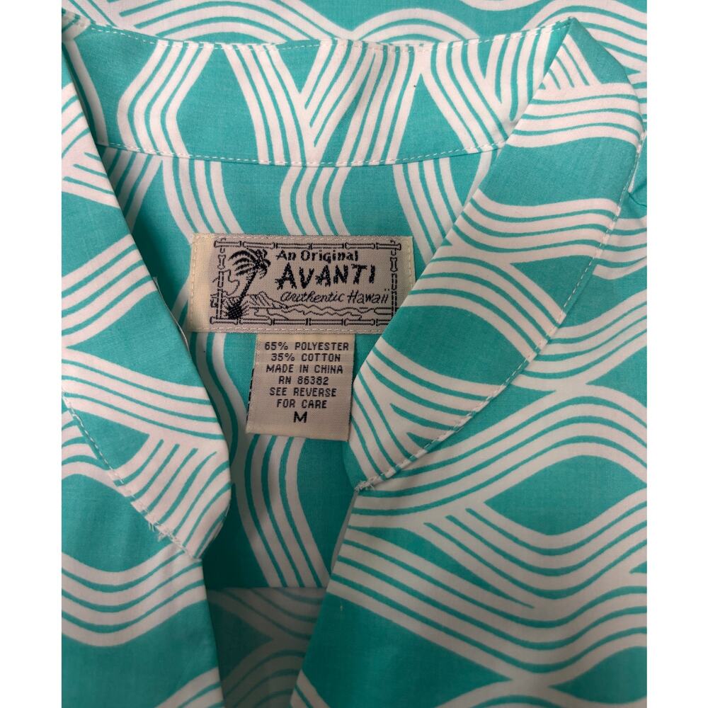 Avanti Hawaiian Shirt Women Medium Teal White Wave Button Short Sleeve New - Picture 6 of 7